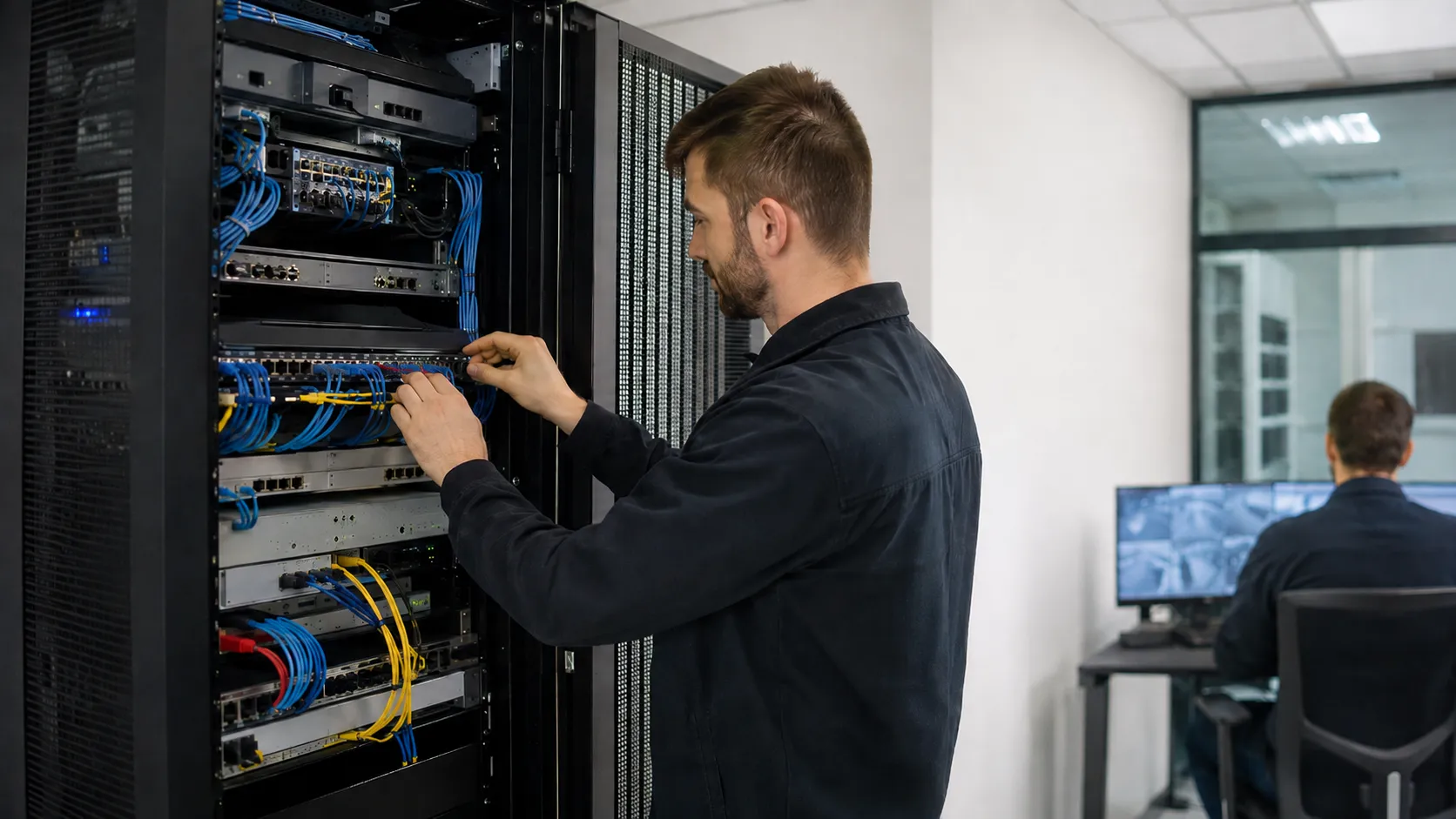 Técnico instalando y configurando infraestructura de red empresarial