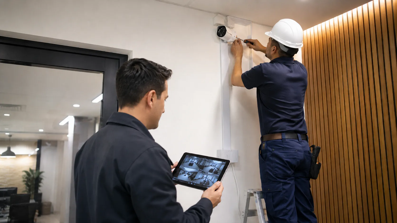 Técnicos instalando y verificando un sistema de cámaras de seguridad