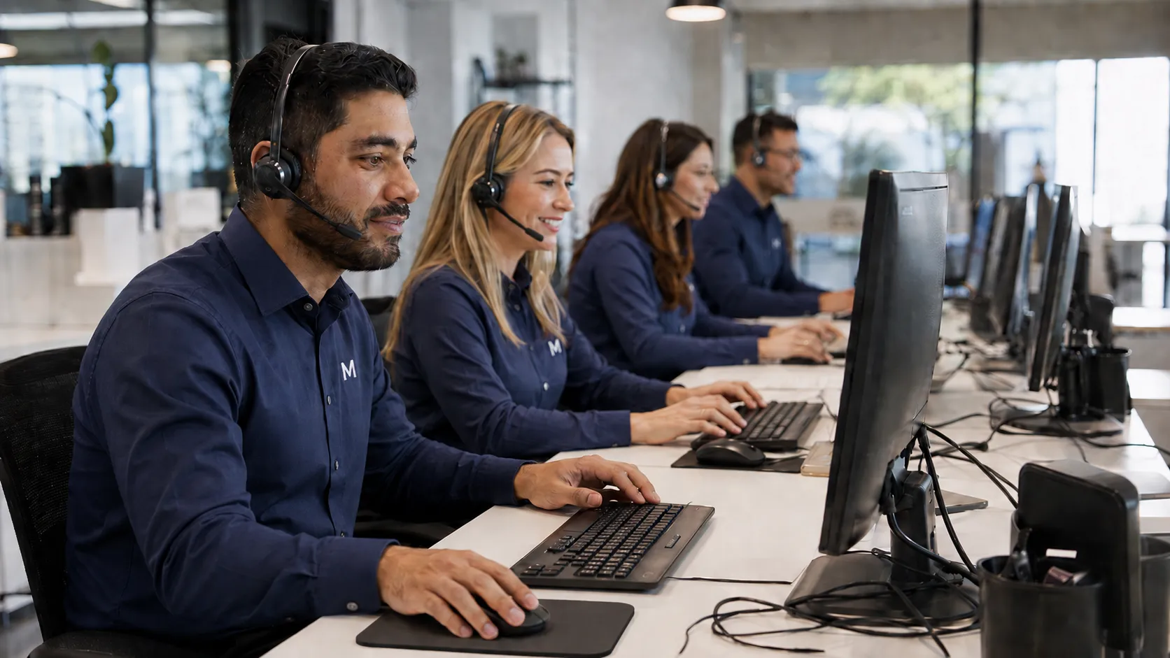 Equipo de atención técnica trabajando con auriculares y computadoras